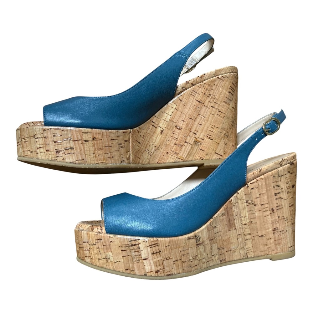 Stuart Weitzman Riveria Blue Slingback Cork Leather Wedge Heels Size 6.5B NEW!
